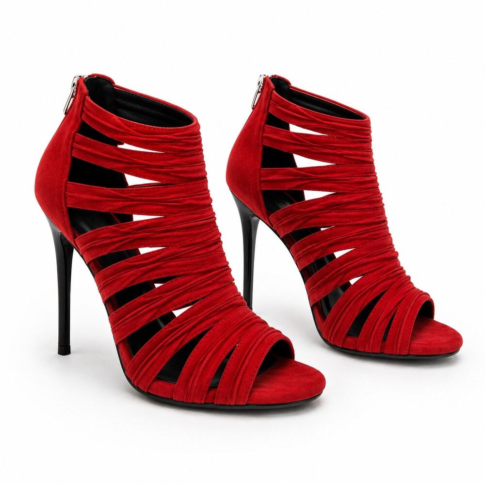 DONALD J PLINER | Red Suede Strappy Caged Peep Toe Stiletto Heels | Size 6